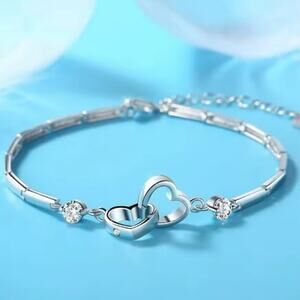 925 Sterling Silver & CZ Double Heart Link Bracelet Women's Anniversary Birthday
